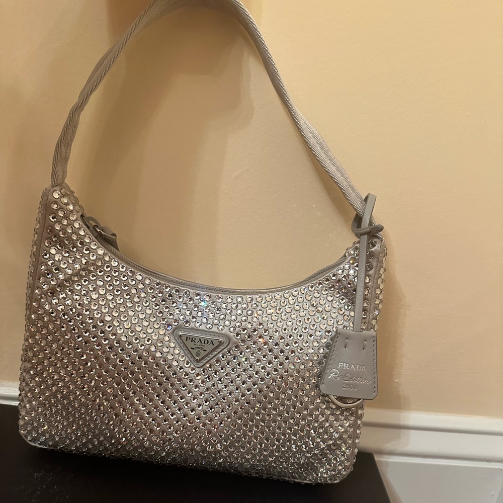 Brand new never worn before Prada Satin Mini Bag with Crystals - pearl color